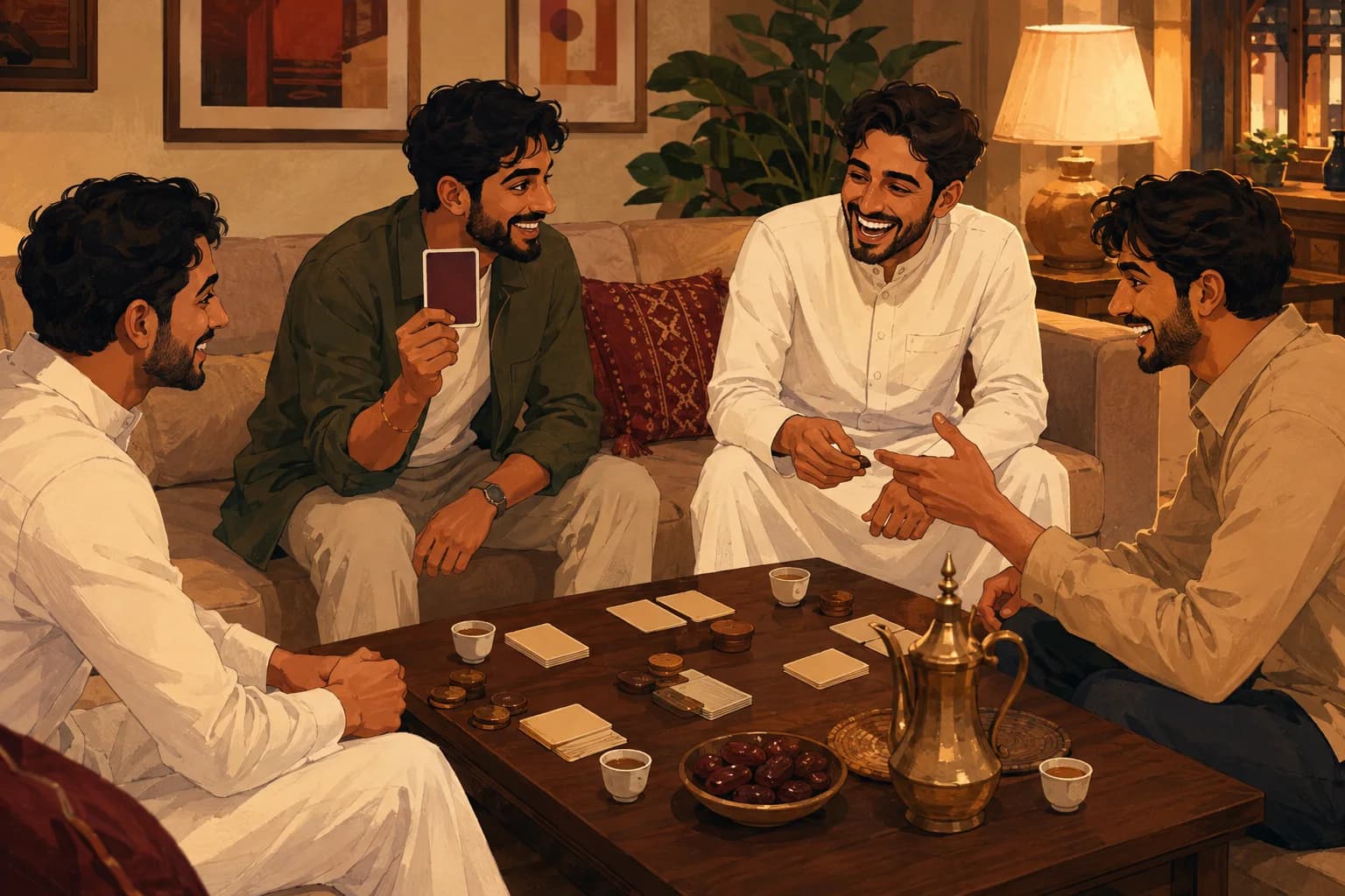 رسم لأصدقاء يتبادلون الضحك حول طاولة القهوة في جلسة منزلية